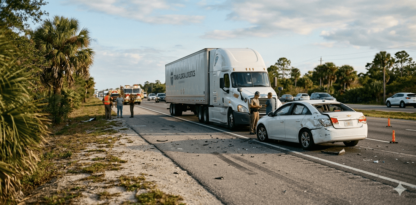 A professional website hero banner showing the calm aftermath of a highway accident on a Florida roadside. A large white semi-truck and a damaged white sedan are parked on the shoulder, with first responders and state troopers standing nearby. The background features palm trees and a bright, clear sky under warm daylight. The composition is wide with open space on the left side, designed for legal website text overlay.